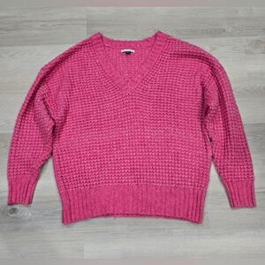 American Eagle Whoa So Cozy Waffle V-Neck Sweater Pink Oversized Small
